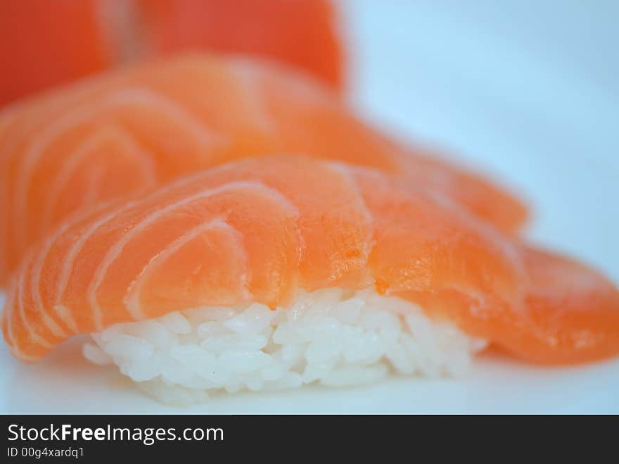 Pink Salmon sushi on white