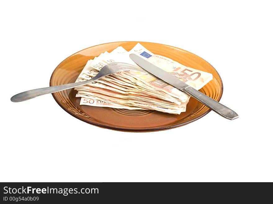 Money on the plate for eating. Money on the plate for eating