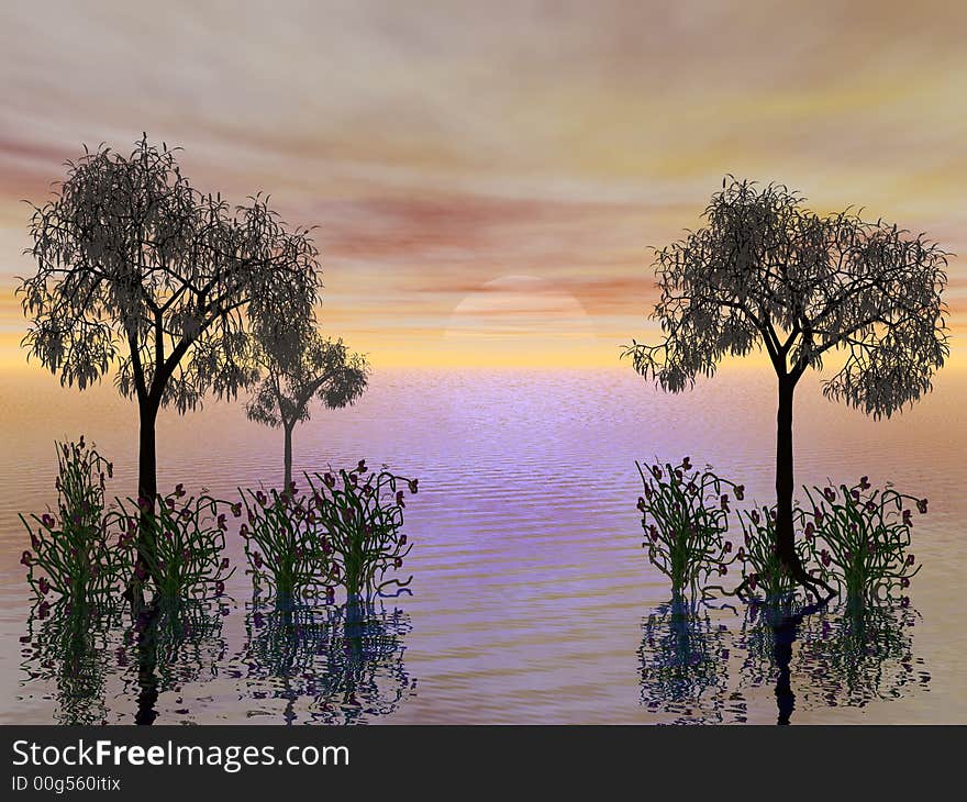 Trees in a water bed with plants seen in far a mauve setting sun. Pic may be had in a variety of colors upon request. Trees in a water bed with plants seen in far a mauve setting sun. Pic may be had in a variety of colors upon request.