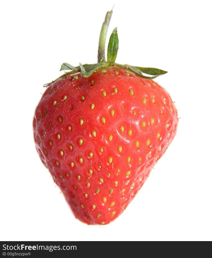 Single sunlit strawberry over white background, background