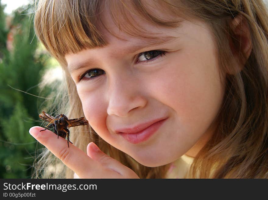 A beautiful young girl holding a moth. A beautiful young girl holding a moth