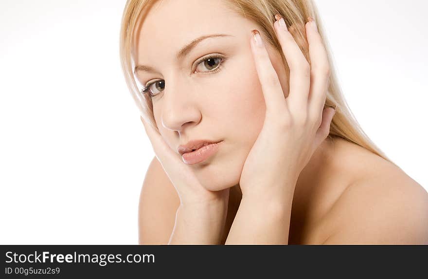 A beauty portrait taken from a beauty woman model in the studio. A beauty portrait taken from a beauty woman model in the studio