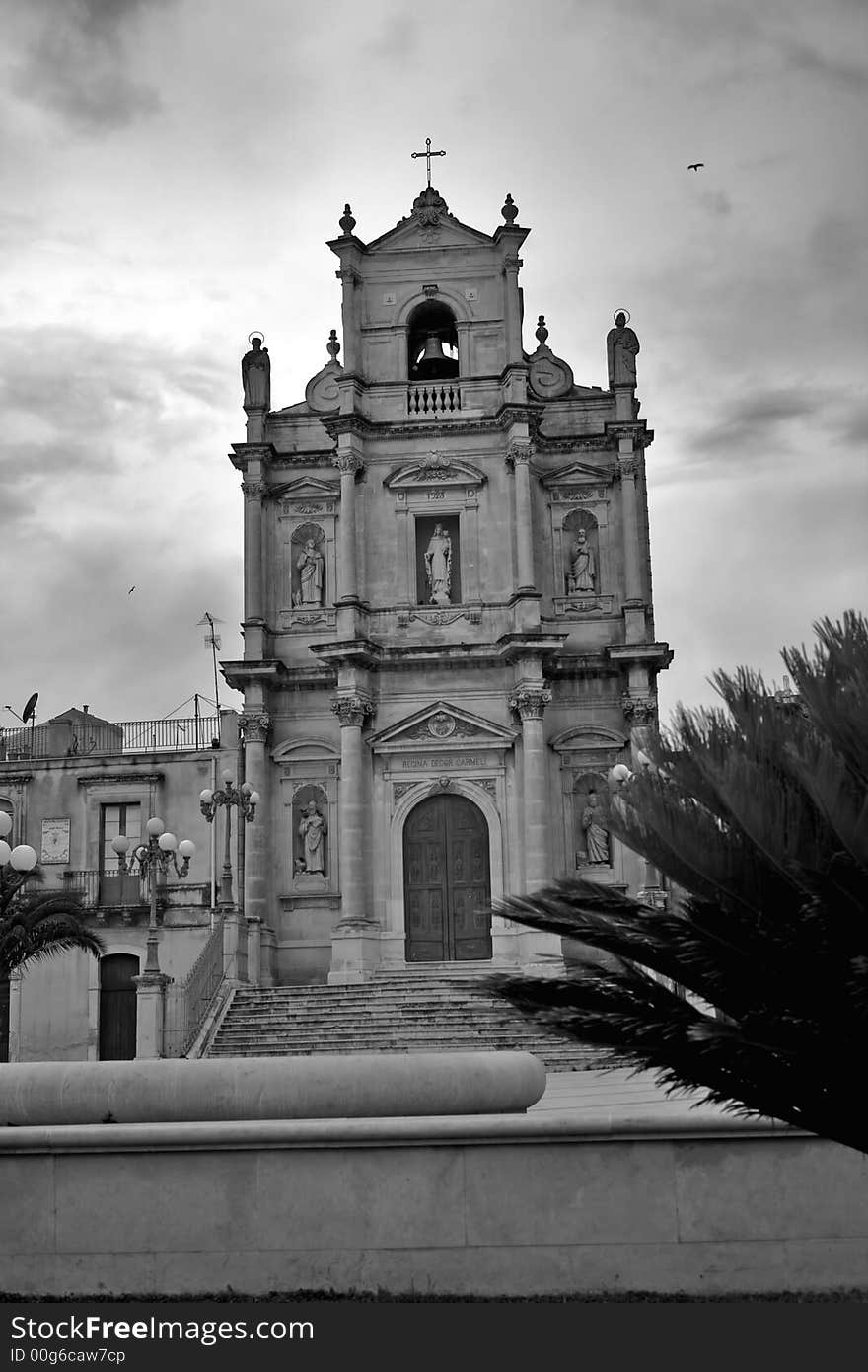 Sicilian Baroque Church in the Floridia small town. Carmine Church. Sicilian Baroque Church in the Floridia small town. Carmine Church