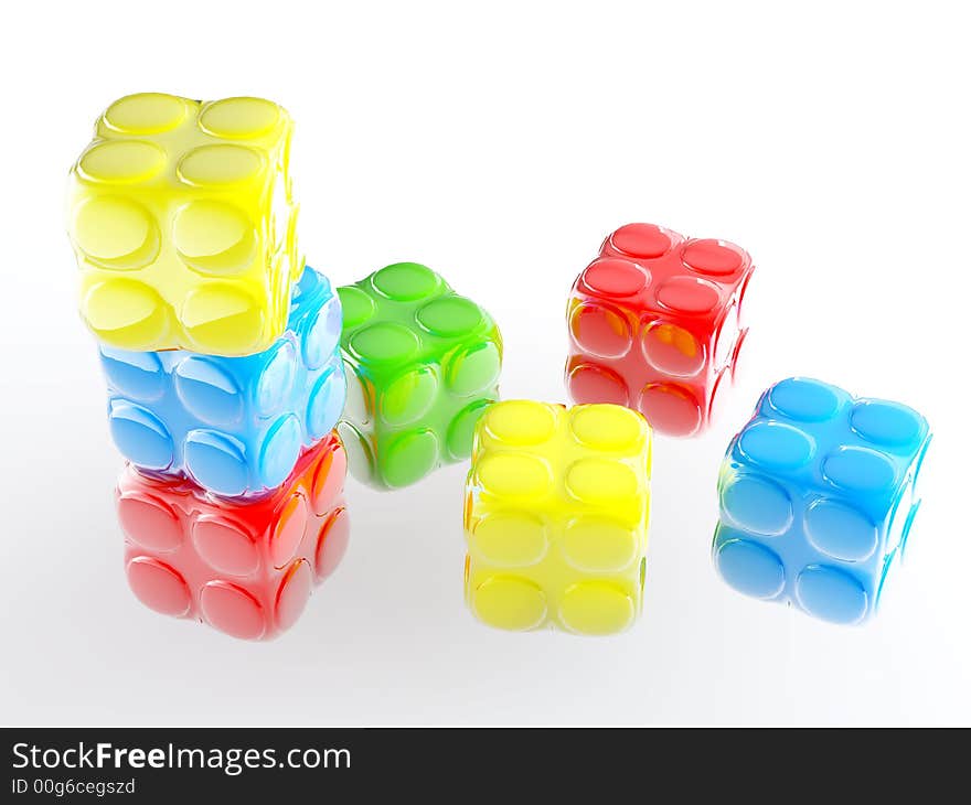 Varicoloured child's blocks for games in outdoor on a white background