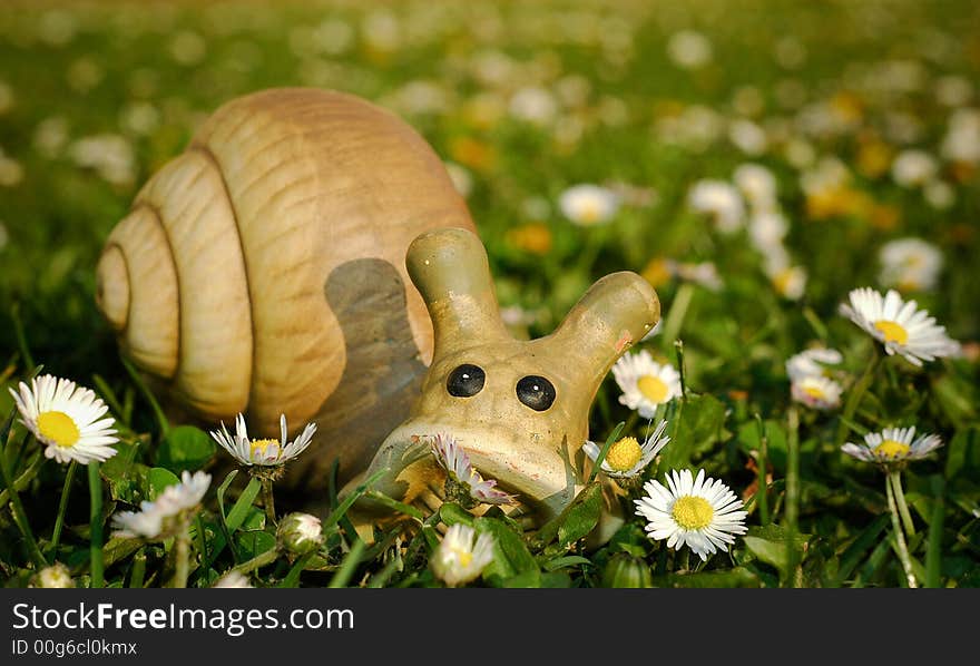 Toy snail in meadow with daisi