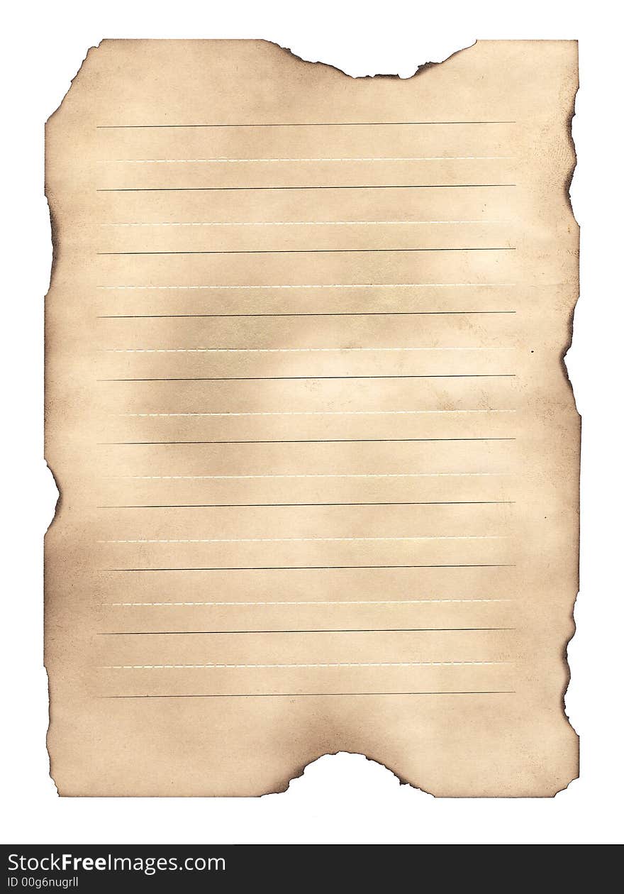 Sheet of the old paper which has turned yellow from time. The photo is isolated and placed on a white background. The picture is convenient for drawing on it of the text.