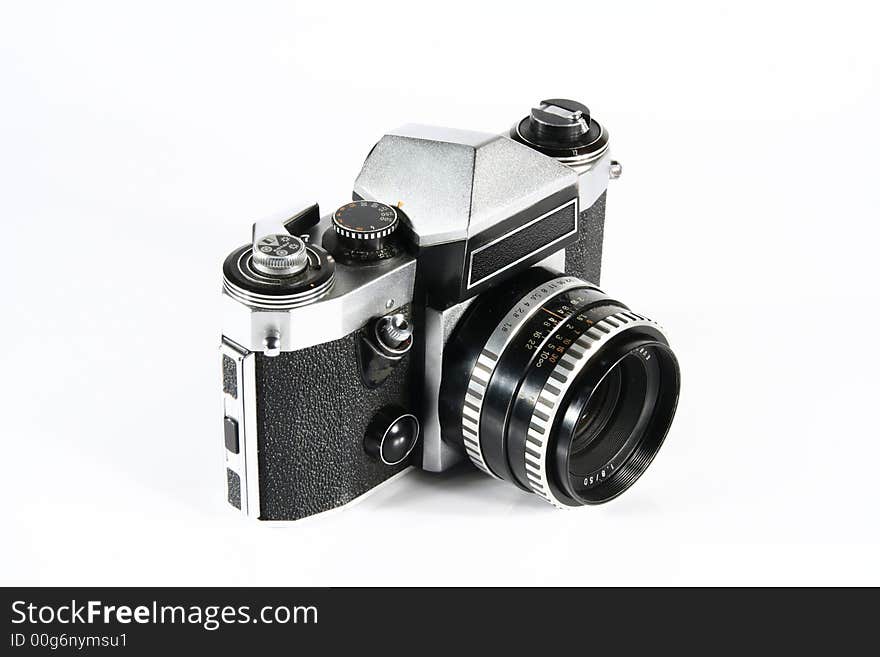 Old reflex photo camera Praktica super TL on white background