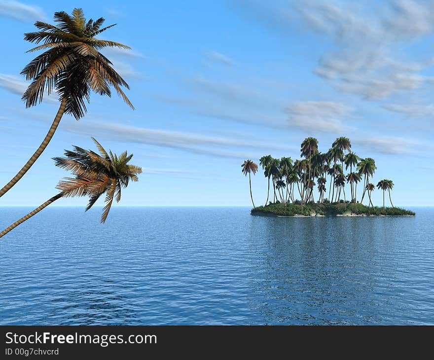 Coconut palm trees on a small island - digital artwork. Coconut palm trees on a small island - digital artwork