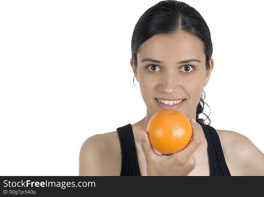 Isolated smiling girl holding orange. Isolated smiling girl holding orange