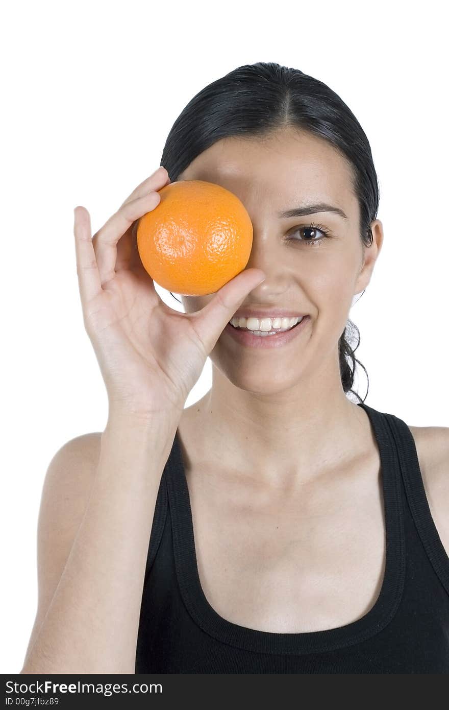 Isolated smiling girl holding orange. Isolated smiling girl holding orange