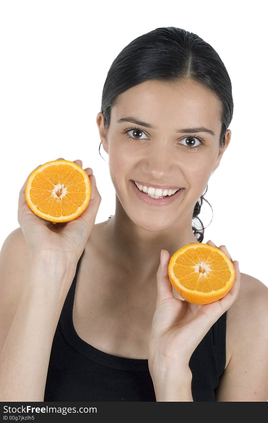 Isolated smiling girl holding orange. Isolated smiling girl holding orange