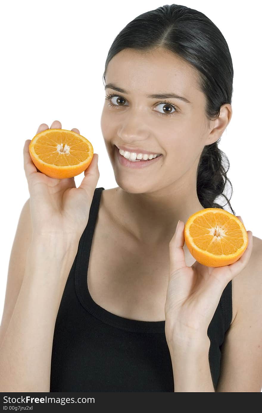 Isolated smiling girl holding orange. Isolated smiling girl holding orange