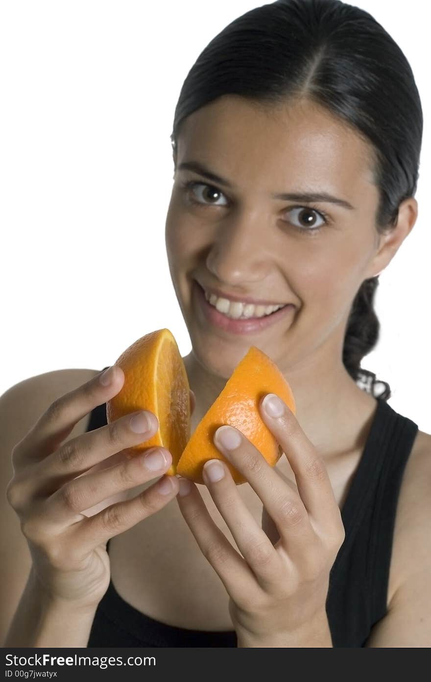 Isolated smiling girl holding orange. Isolated smiling girl holding orange