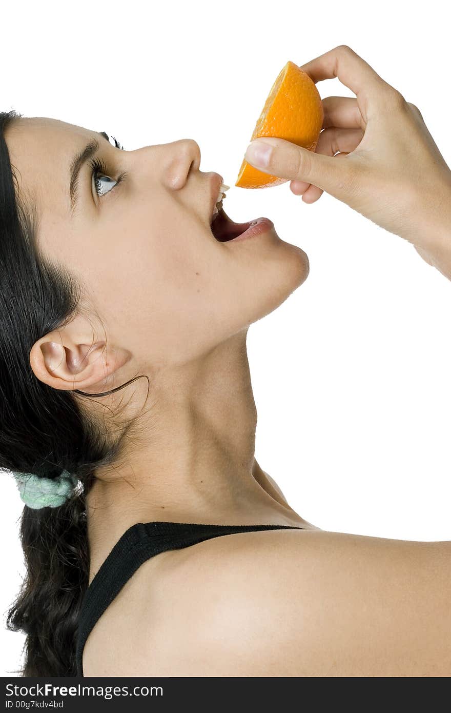 Isolated smiling girl drinking orange. Isolated smiling girl drinking orange