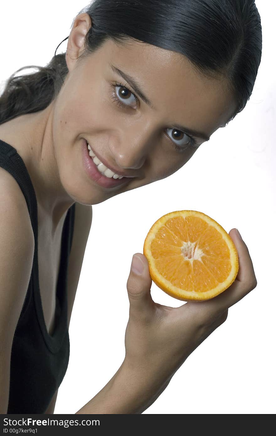 Isolated smiling girl holding orange. Isolated smiling girl holding orange