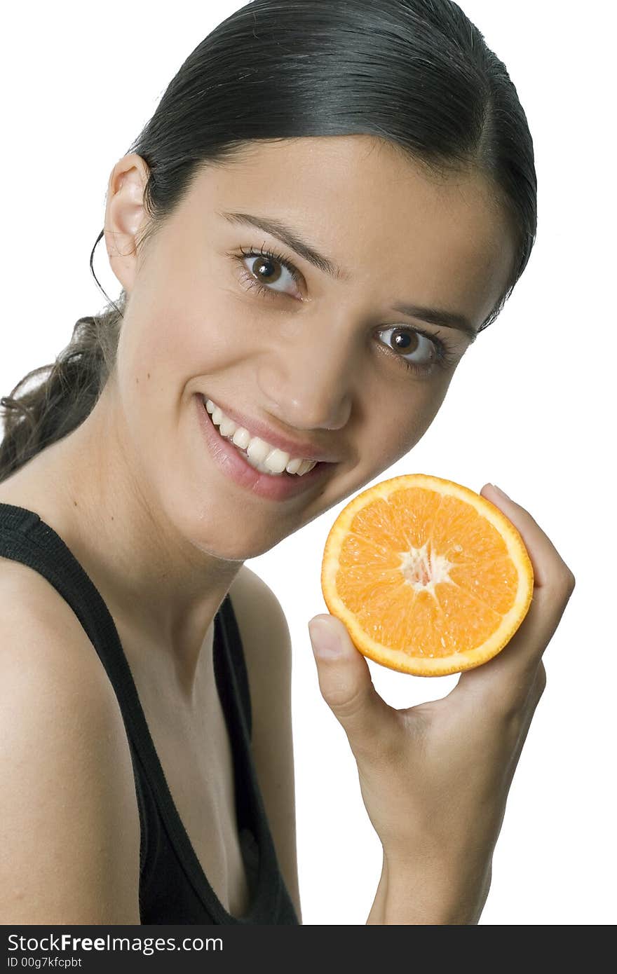 Isolated smiling girl holding orange. Isolated smiling girl holding orange