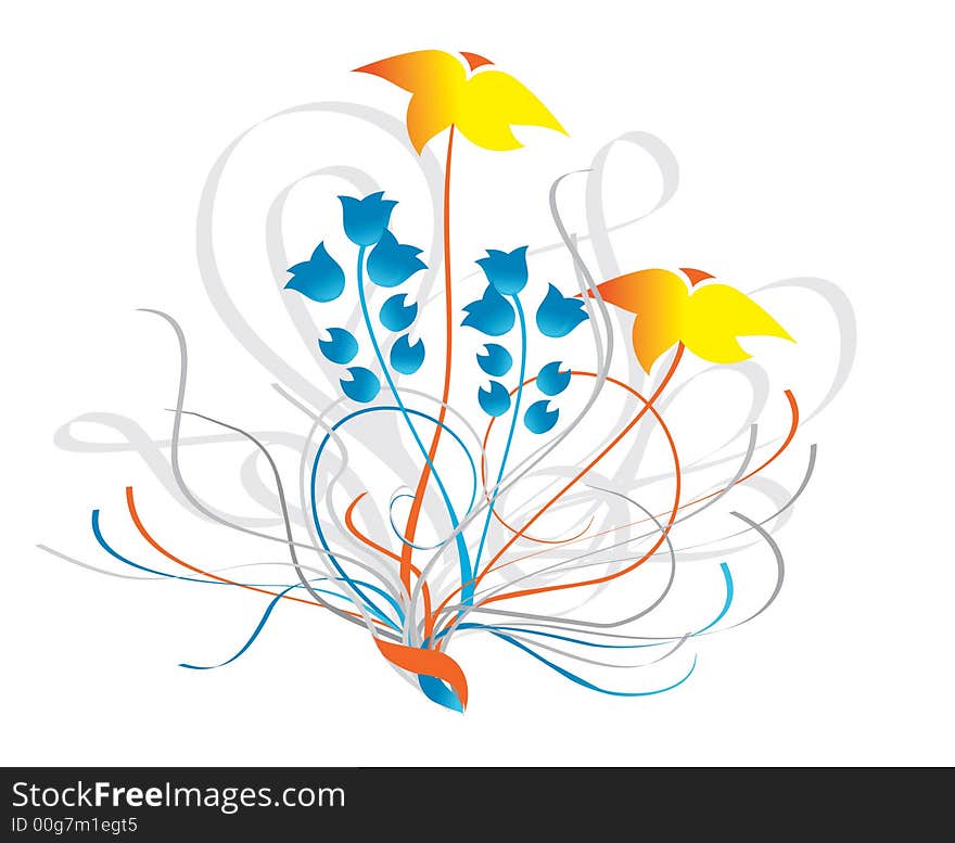 Element for design with curls, yellow and blue flowers. Element for design with curls, yellow and blue flowers