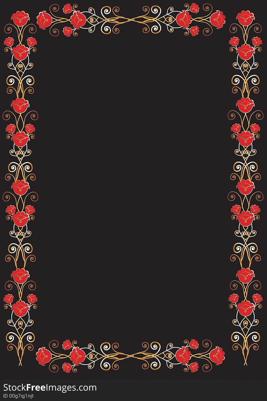 Red and golden floral frame with lots of curls against black background. Red and golden floral frame with lots of curls against black background