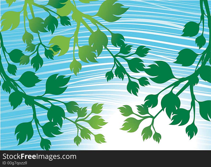 Green branches with lots of leaves against blue wavy background. Green branches with lots of leaves against blue wavy background