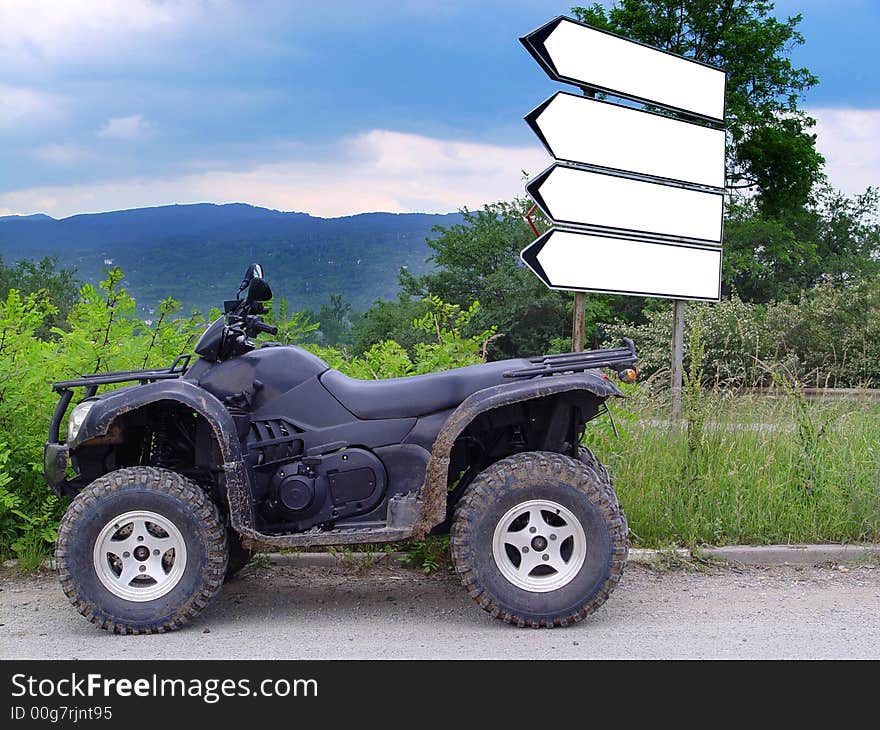 Buggy on the road and empty signboards. Buggy on the road and empty signboards