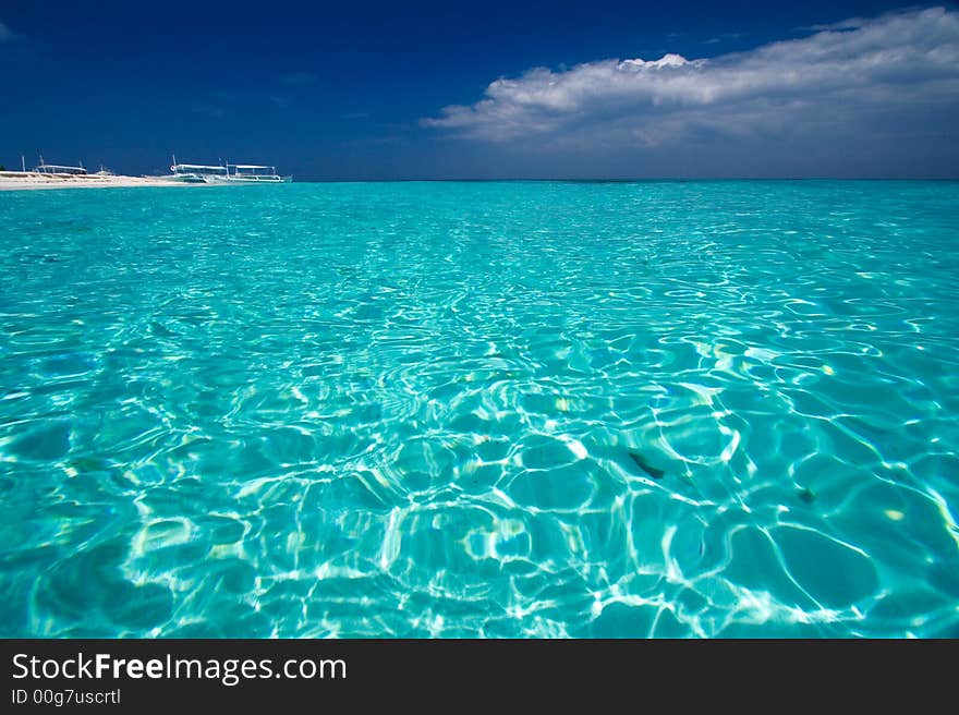 Ocean View of beautiful pacific blue water beside a tropical island with white sand. Ocean View of beautiful pacific blue water beside a tropical island with white sand