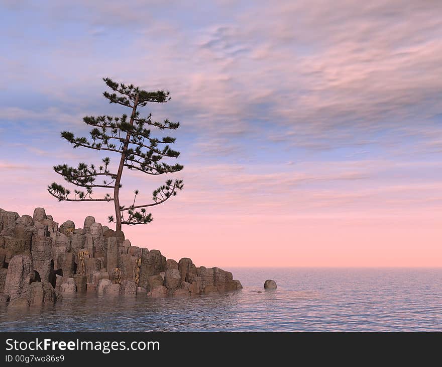 Lonely pine at sea coast - 3d illustration. Lonely pine at sea coast - 3d illustration.