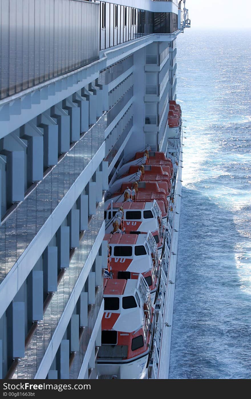 View down the side of a ship showing lifeboats. View down the side of a ship showing lifeboats