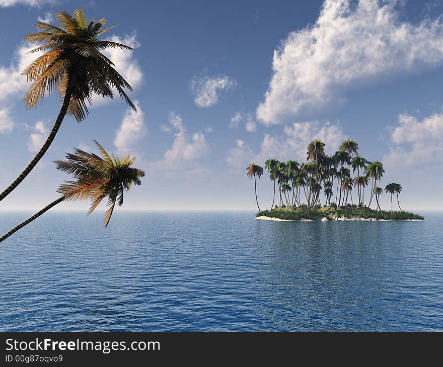 Coconut palm trees on a small island - digital artwork. Coconut palm trees on a small island - digital artwork