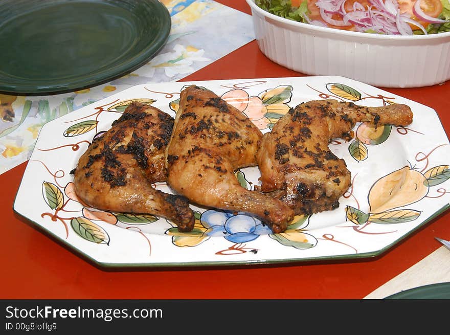 Barbecue chicken leg and healthy salad. Barbecue chicken leg and healthy salad