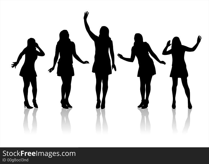 Five fashionable female silhouettes on a white background. Five fashionable female silhouettes on a white background.