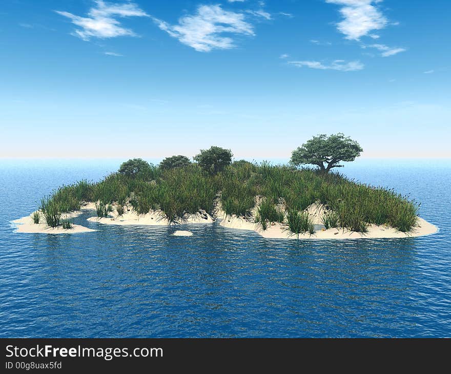 Green trees on small lake island - 3d illustration