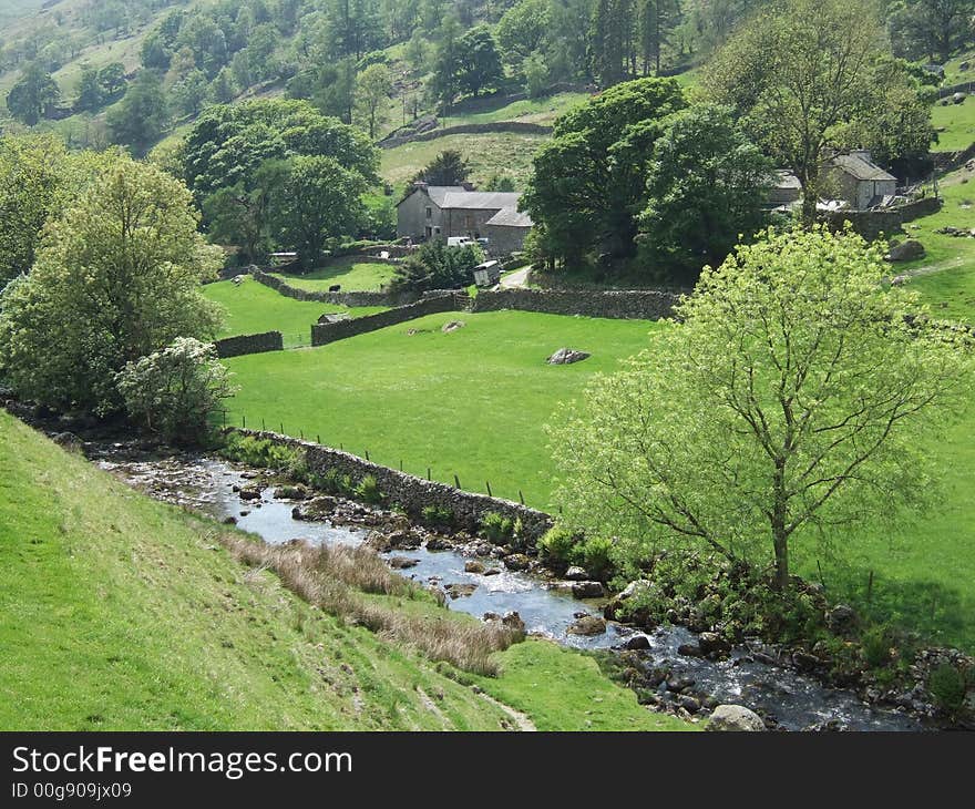 Sadgill village and stream at the head of Longsleddale, Cumbria, UK