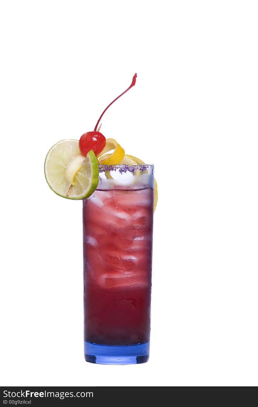 Colorful alcoholic cocktail in a tall glass against white background. Colorful alcoholic cocktail in a tall glass against white background