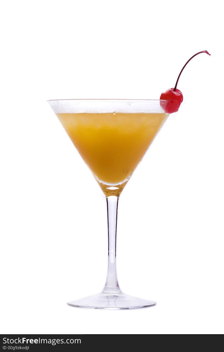 Colorful alcoholic cocktail in a martini glass against white background. Colorful alcoholic cocktail in a martini glass against white background