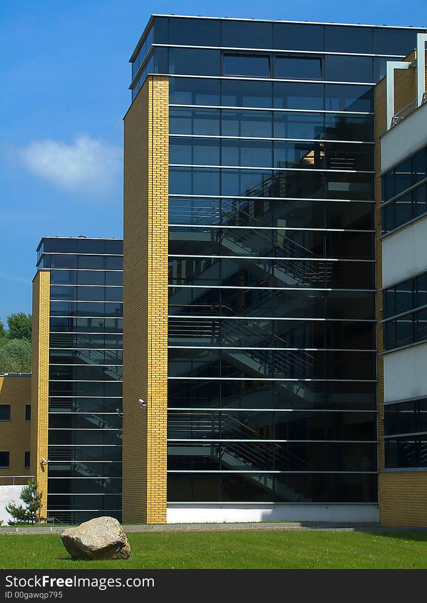 Modern transparent, glazed stairwells in univeristy buidling in Poznna (Poland)