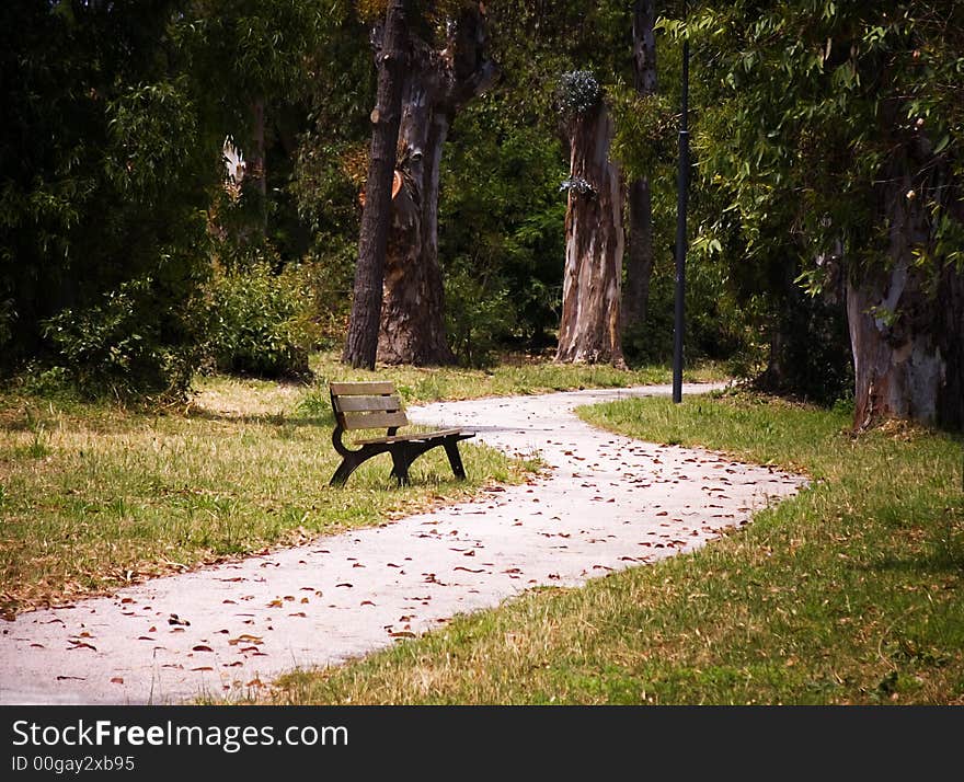 A lone country bench on winding path