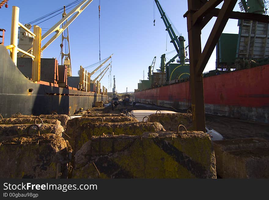 Cargo ships discharging cargo in a port in Turkey. Cargo ships discharging cargo in a port in Turkey.