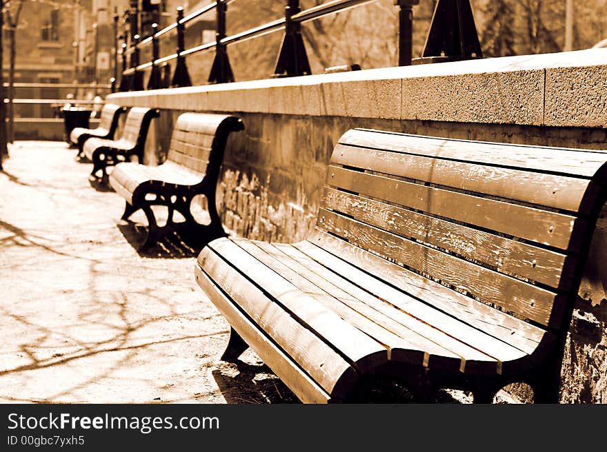 Wooden vintage  benches. Close up