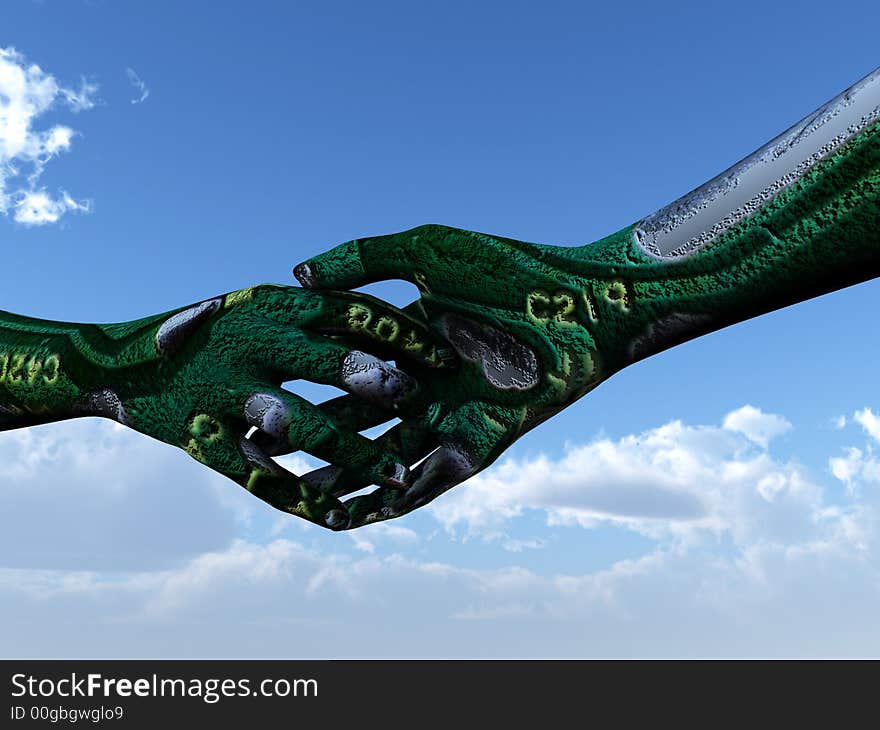 An conceptual image of two android hands handshaking with a printed circuit effect. An conceptual image of two android hands handshaking with a printed circuit effect.