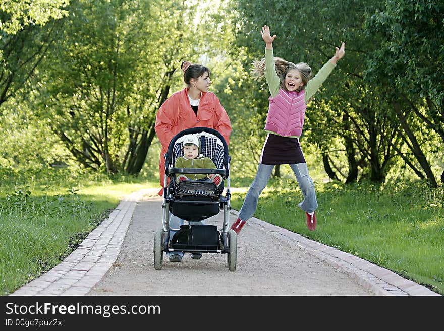 Mother with children on walk