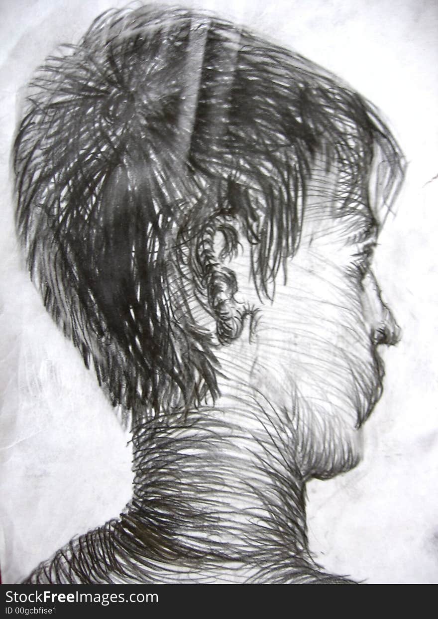 Hand-drawn portrait, pencil, charcoal