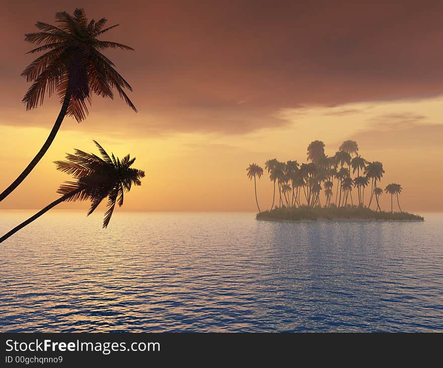 Sunset coconut palm trees on small island - 3d illustration.