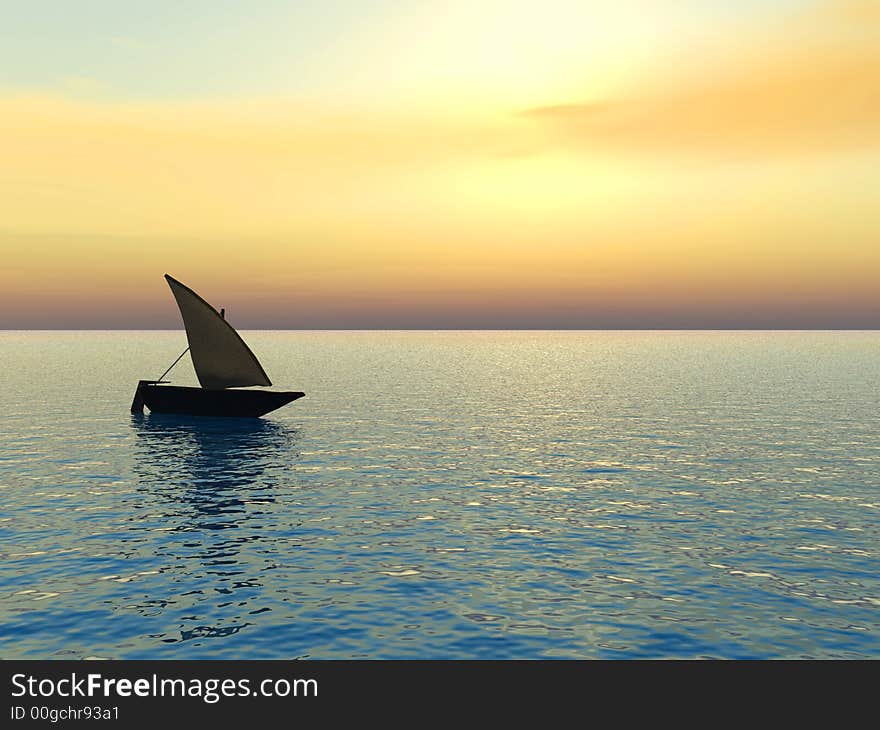 Small boat and sunset sky - 3d landscape scene .