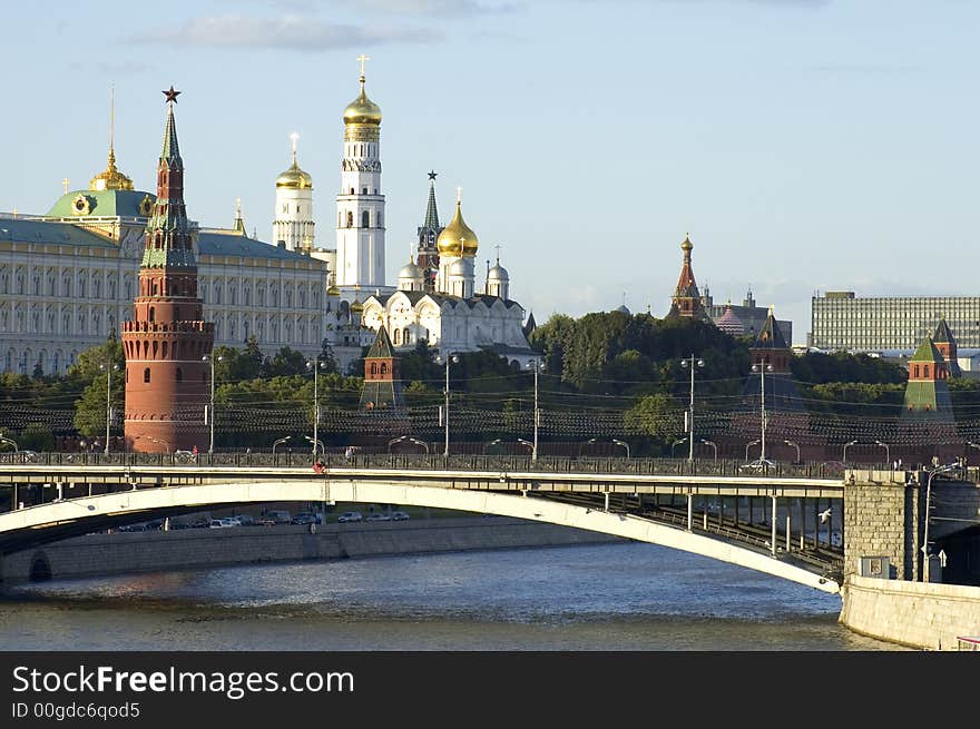 Russian Moscow Kremlin. bridge and Moscow river. Russian Moscow Kremlin. bridge and Moscow river