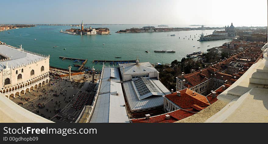 180° panorama photo of the roofs of venice and Canale Grande from the Campanille Tower looking south at late afternoon. 180° panorama photo of the roofs of venice and Canale Grande from the Campanille Tower looking south at late afternoon