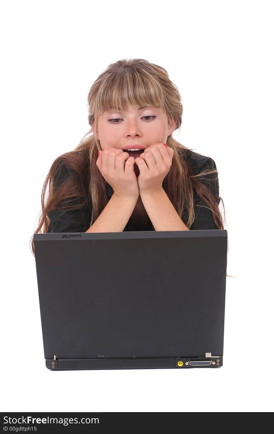 Shocked business woman looking at laptop screen on whaite background