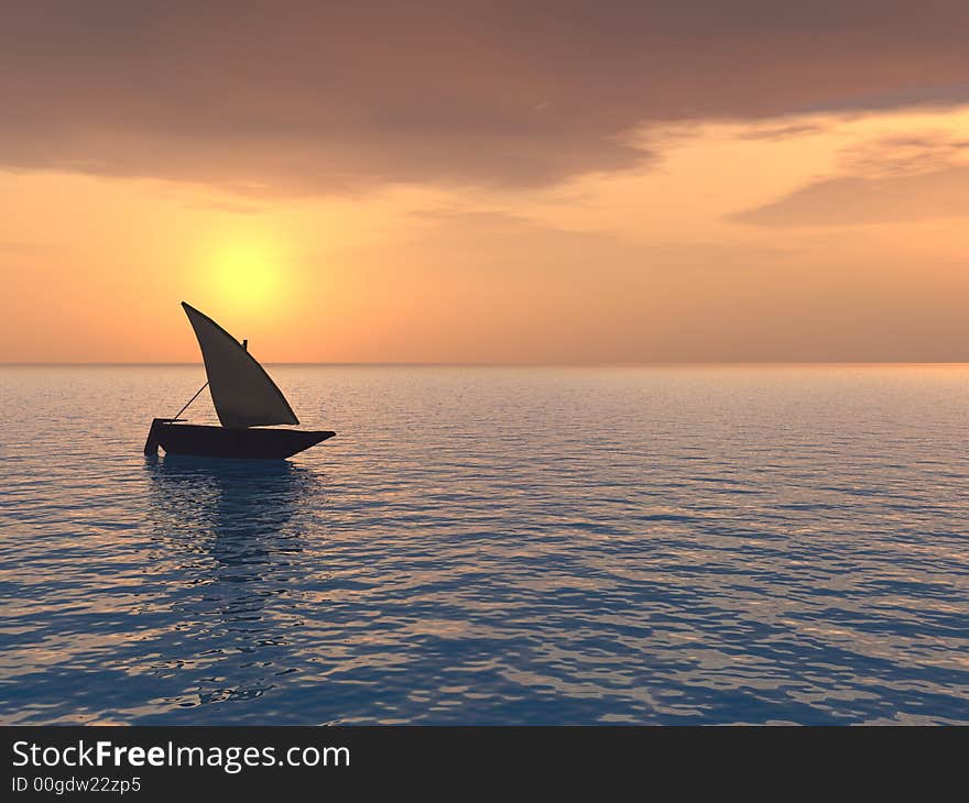 Small boat and sunset sky - 3d landscape scene .