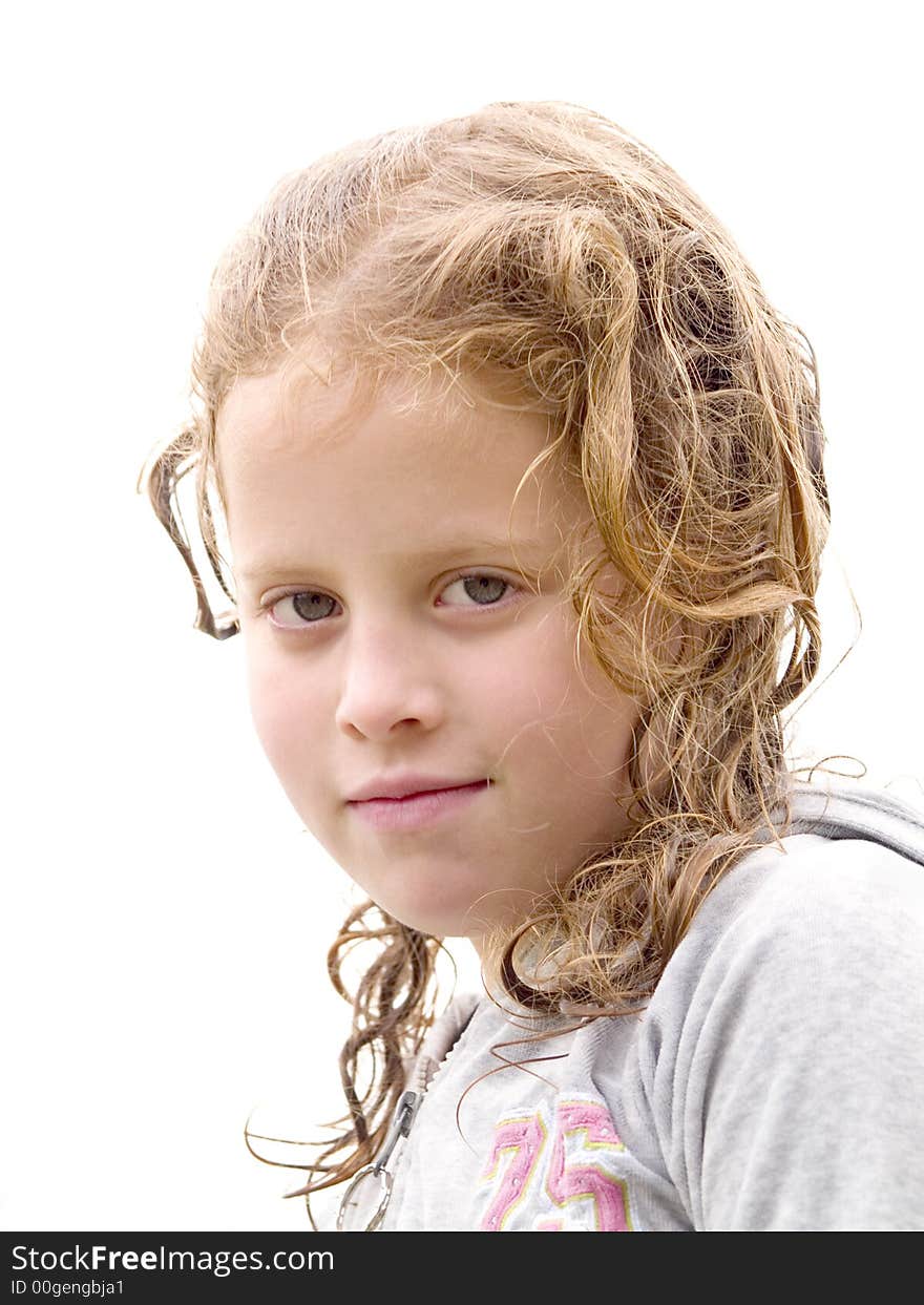 Little girl with wet hair isolated on white. Little girl with wet hair isolated on white