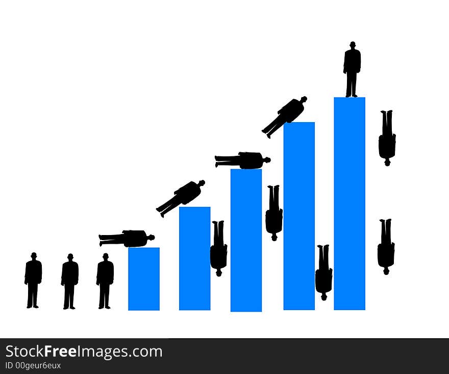 A bar draph with corporate types climbing and falling off of it. 2D graphic conceptual illustration. A bar draph with corporate types climbing and falling off of it. 2D graphic conceptual illustration