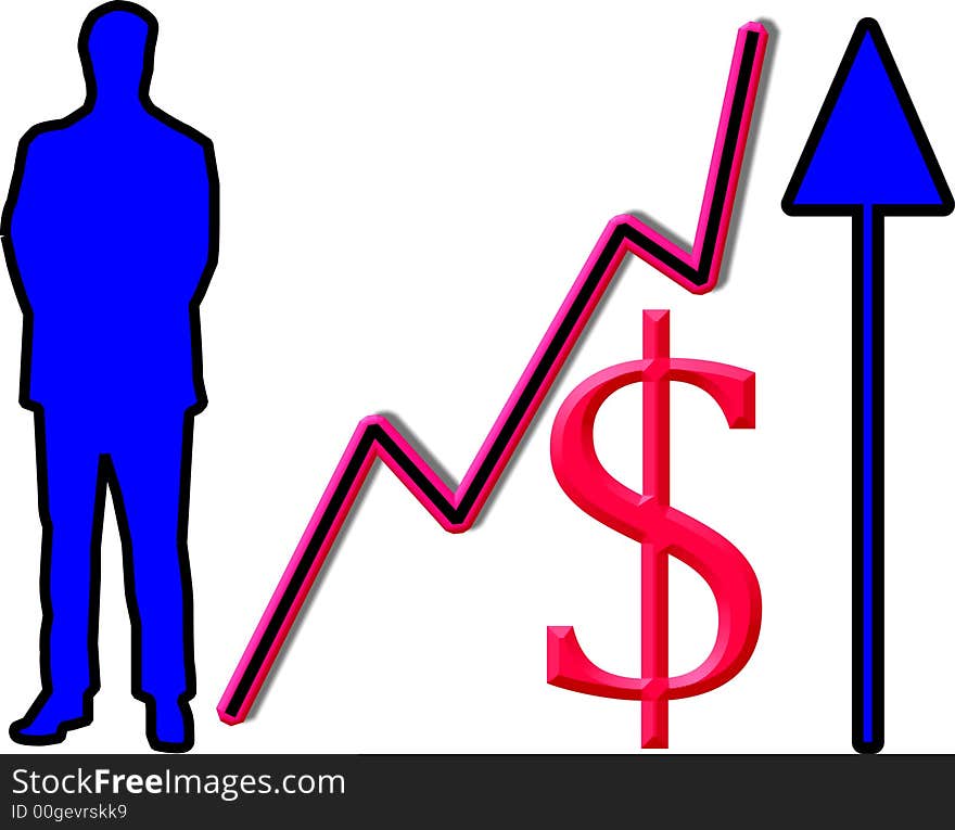 Conceptual graphic success in business, man, upward graph, dollar sign and upward arrow. Conceptual graphic success in business, man, upward graph, dollar sign and upward arrow.